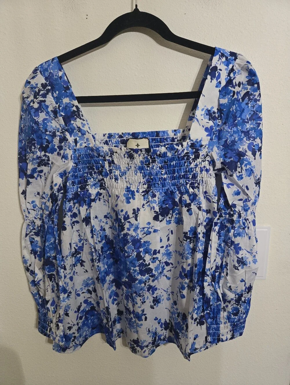 Tuckernuck White and Blue Floral Smocked Square-Neck Blouse